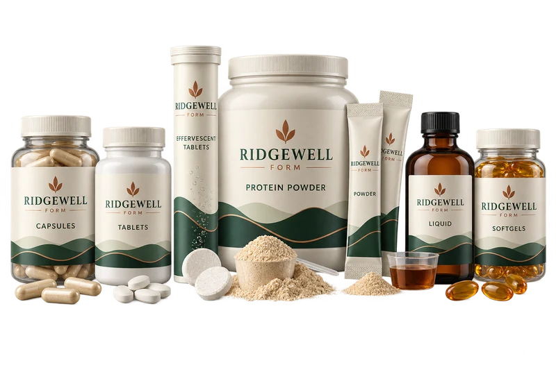 Capsule and tablet bottles, effervescent tube, powder tub, sachets, liquid bottle and softgel jar with fictional RIDGEWELL FORM artwork.